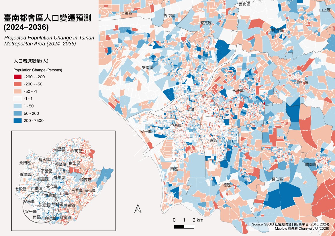 Projected population change in Tainan, 2024–2036 — GIS